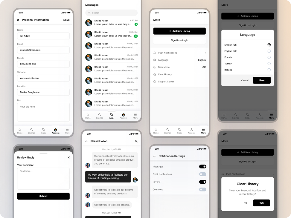 Directorist mobile app forms and settings screens